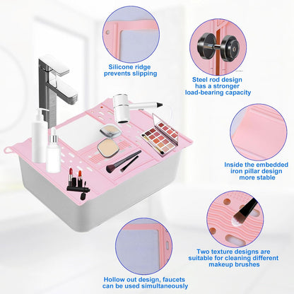 Bathroom Sink Cover, Foldable Makeup Brush Cleaning Mat, Silicone Sink Topper, Heat Resistant Makeup Organizer