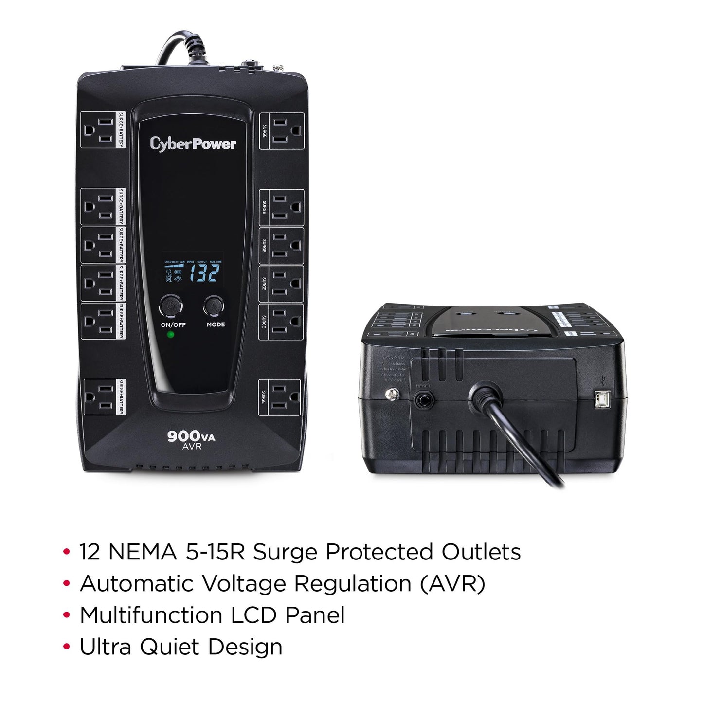 CyberPower AVRG900LCD Intelligent LCD UPS System, 900VA/480W, 12 Outlets, AVR, Compact