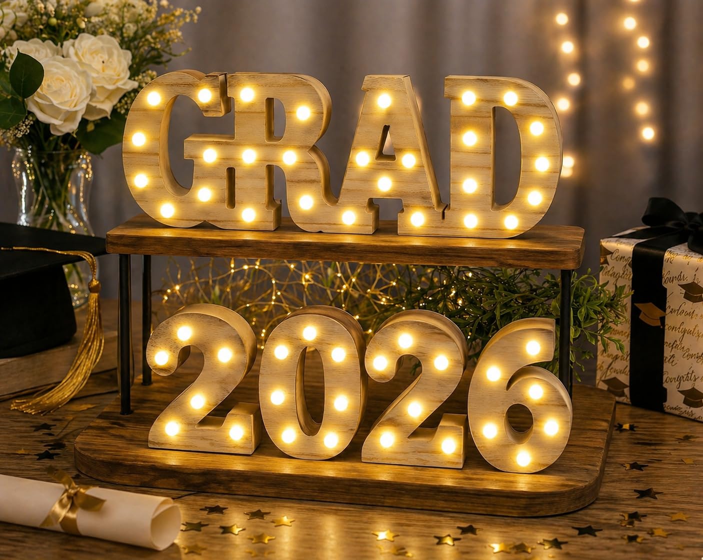 Grad 2026 Light Up Sign LED Marquee Letters Graduation Decor Lighted Wooden Sign for Graduation Party Table Centerpiece Senior Celebration Decorations