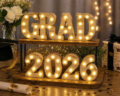 Grad 2026 Light Up Sign LED Marquee Letters Graduation Decor Lighted Wooden Sign for Graduation Party Table Centerpiece Senior Celebration Decorations