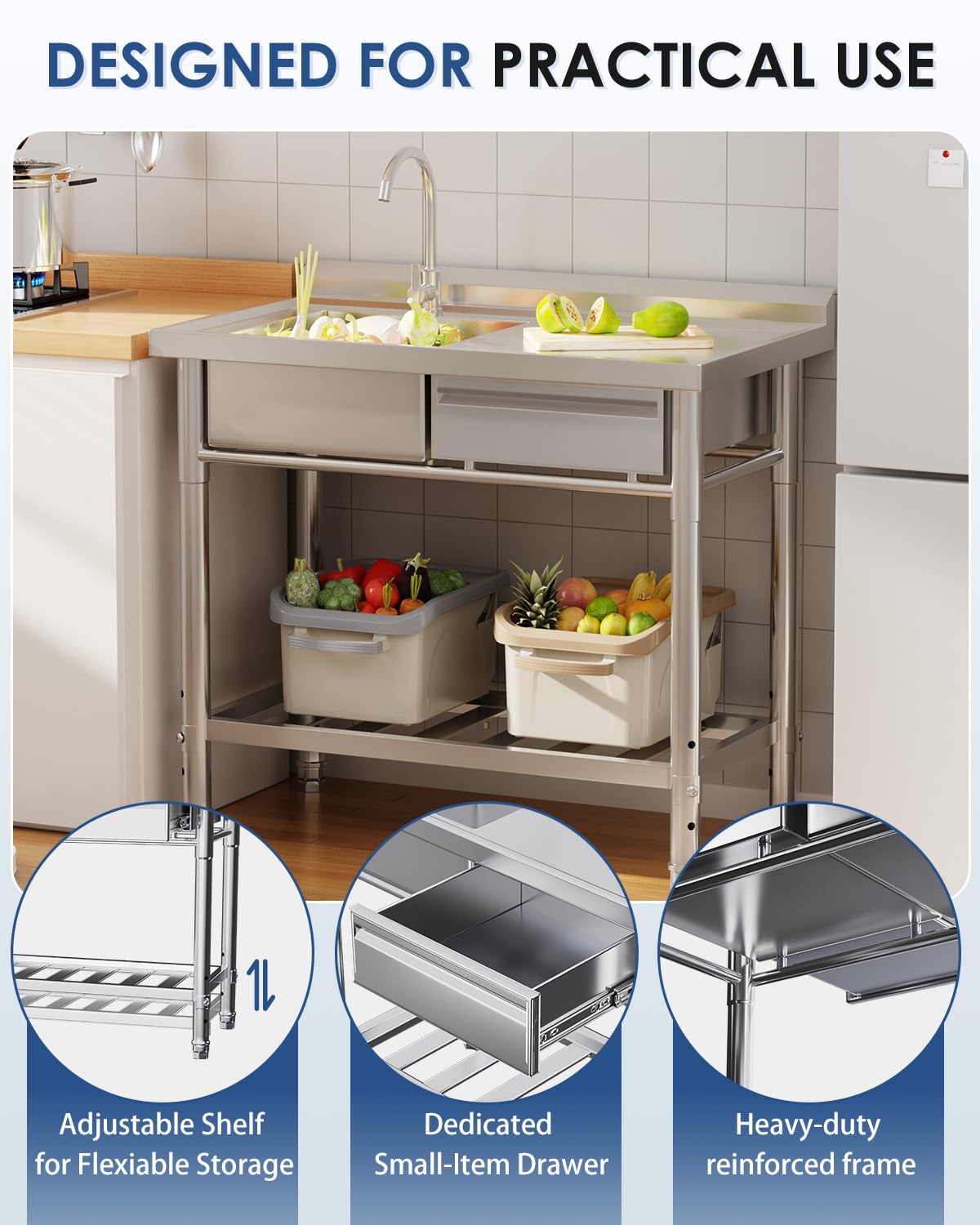 JFHID Stainless Steel Utility Sink, Free Standing Single Bowl Commercial Kitchen Sinks with Faucet, Drawer & Hot/Cold Water Pipes, Stainless Steel Prep Table Workbench Sink for Restaurant Laundry