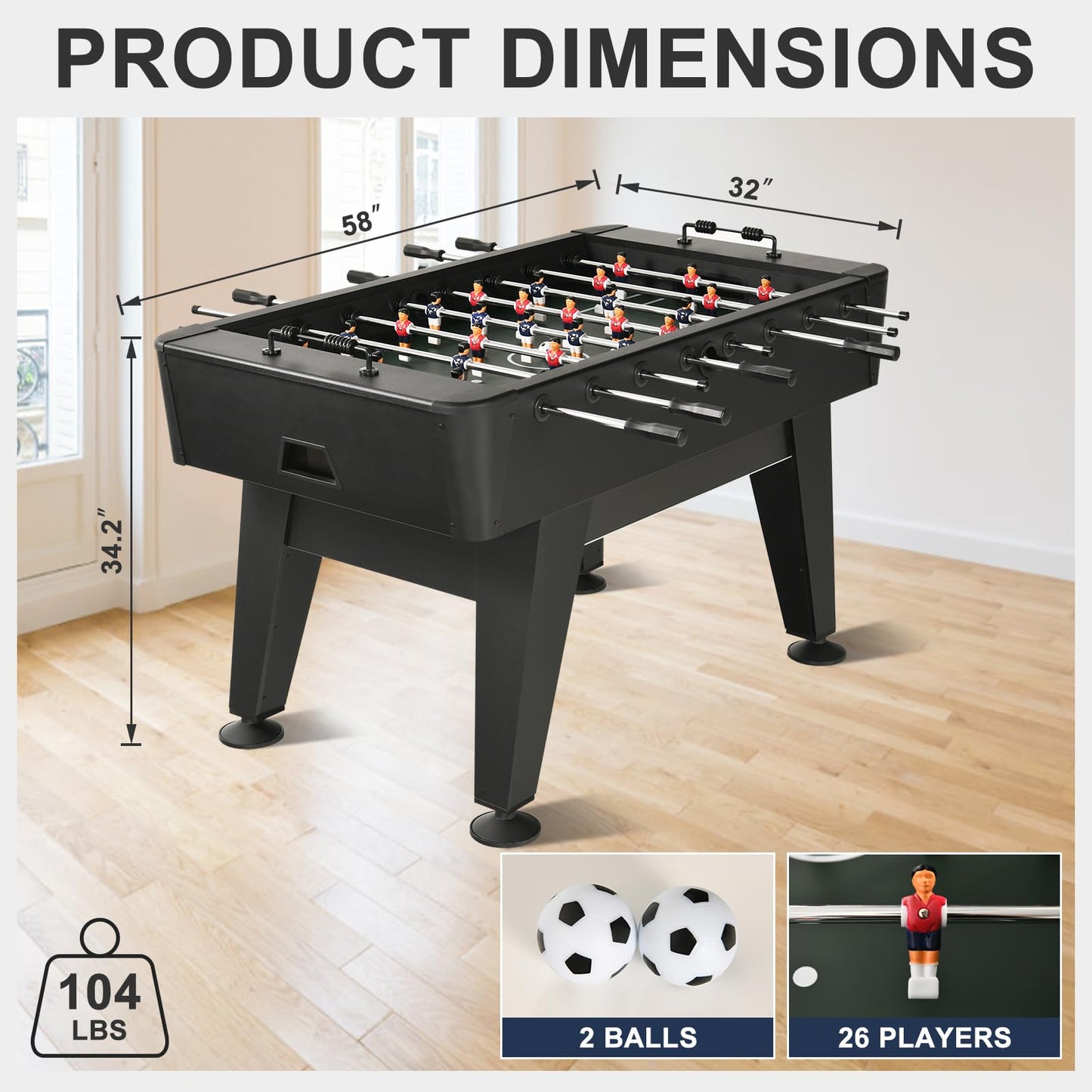 RAYKEEP 58" Foosball Table, Competition Soccer Table Game w/ 2 Balls for Adult Youth, Heavy-Duty Arcade Table Soccer for Home, Game Room (Black)