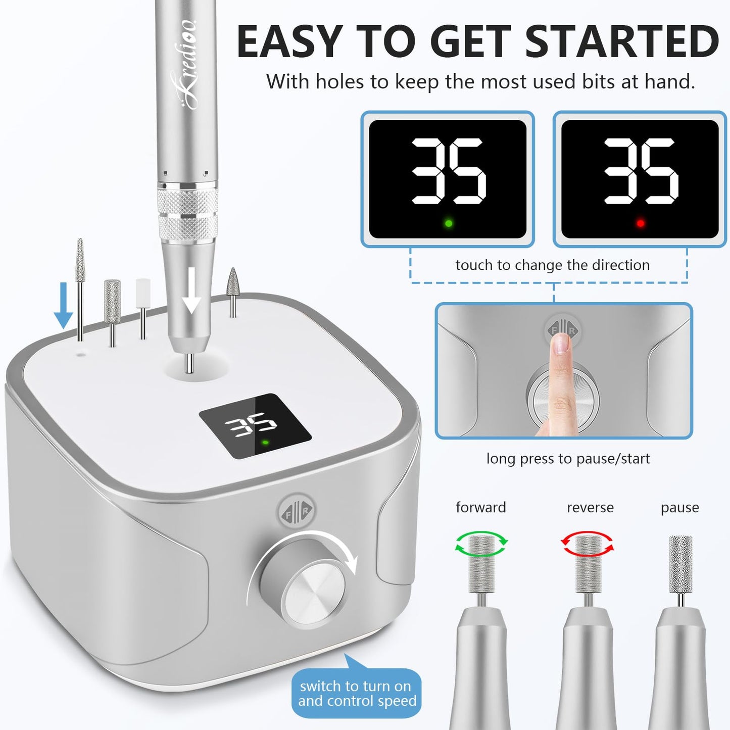 Kredioo Nail Drill Professional Electric 35000RPM Nail Drill Machine Kit Remove Gel Nails Acrylic Polish Thick Toe with 11 Sanding Bits E File Set