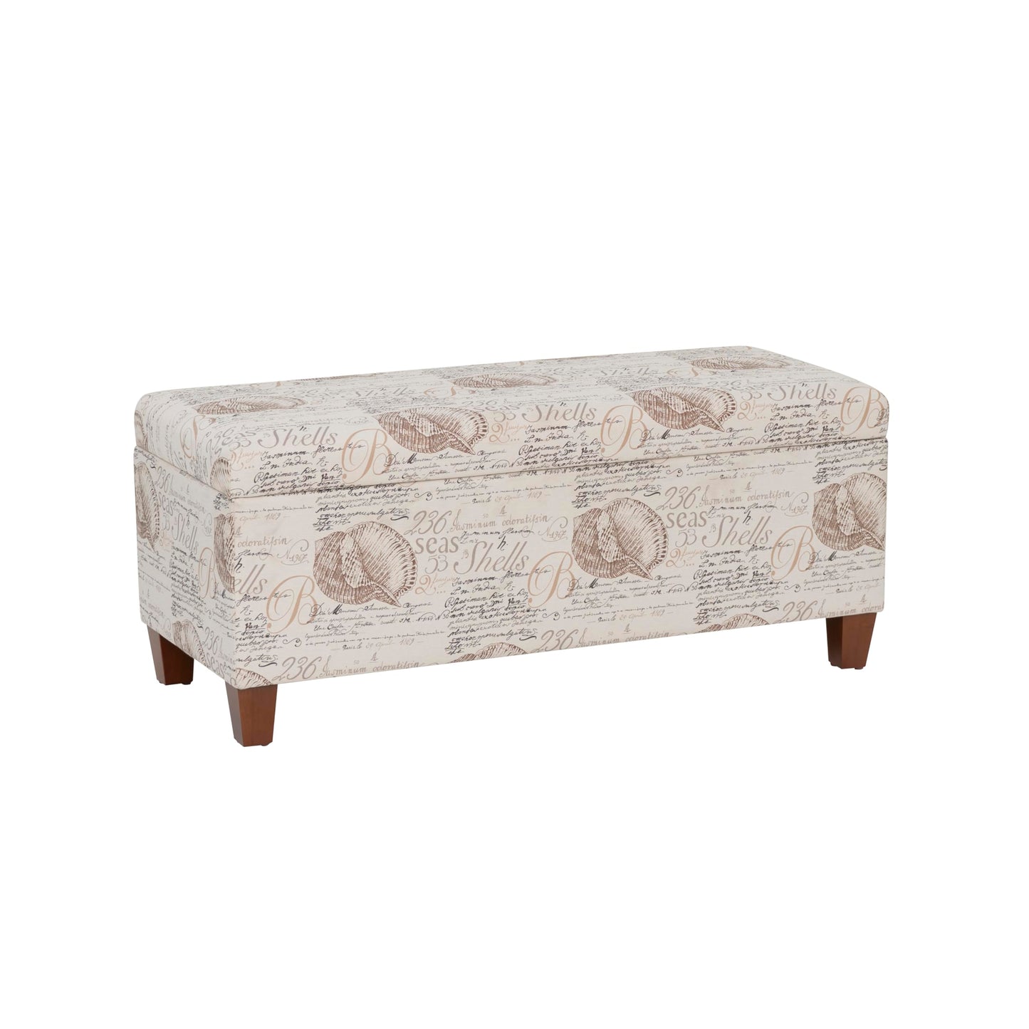 Linon Carmen Ivory and Beige Seashell Upholstered Lift Top Storage Ottoman with Wooden Feet