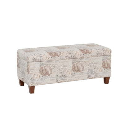 Linon Carmen Ivory and Beige Seashell Upholstered Lift Top Storage Ottoman with Wooden Feet