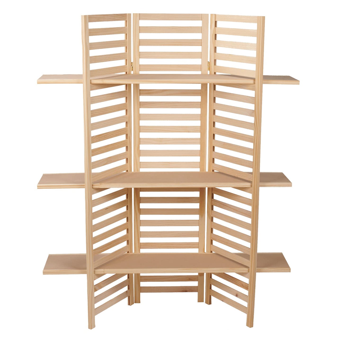 SSWBasics 3-Panel Wood Display With 3 Shelves - Unit Can Be Stained Or Painted - Great for a Wide Range of Merchandise from Housewares, Clothing and Beverages - Natural Pine