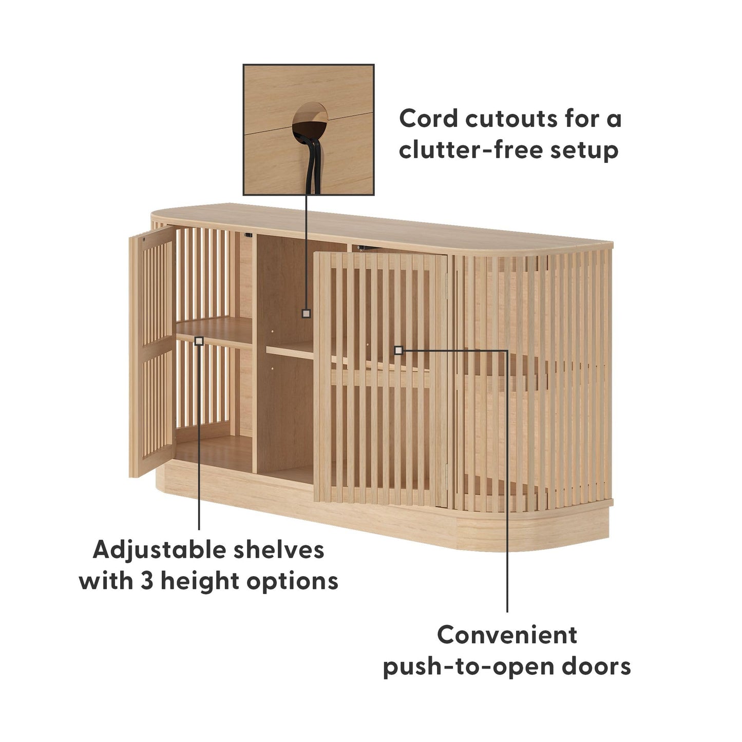 Plank+Beam Contour Wood TV Stand, Two Door Solid Wood Entertainment Console with Storage, 59" L x 16" W x 30" H, Blonde