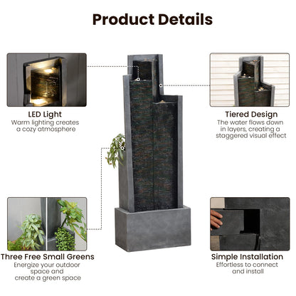 49.6" H Modern Water Outdoor Fountain,Garden Cascading Indoor Resin Water Fountains Tall Floor - Standing Fountain with LED Light for Patio, Yard, Deck and Home Decor