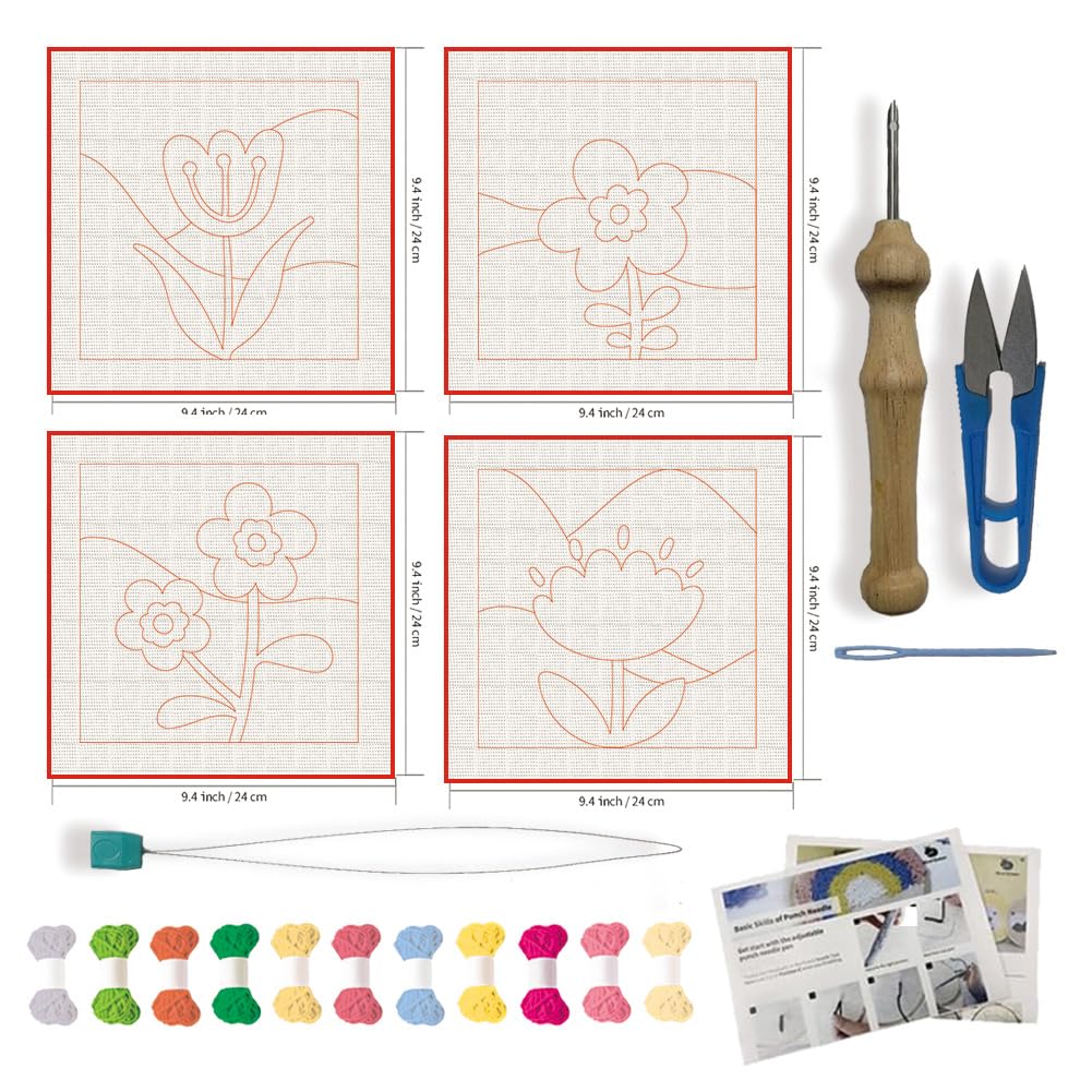FREEBLOSS 4 Set DIY Punch Needle Kit Abstract Flowers Punch Needle Embroidery Wall Hanging Painting Punching Needles Starter Kit for Beginners with Complete Tools, Already Framed, 9.4x9.4inch