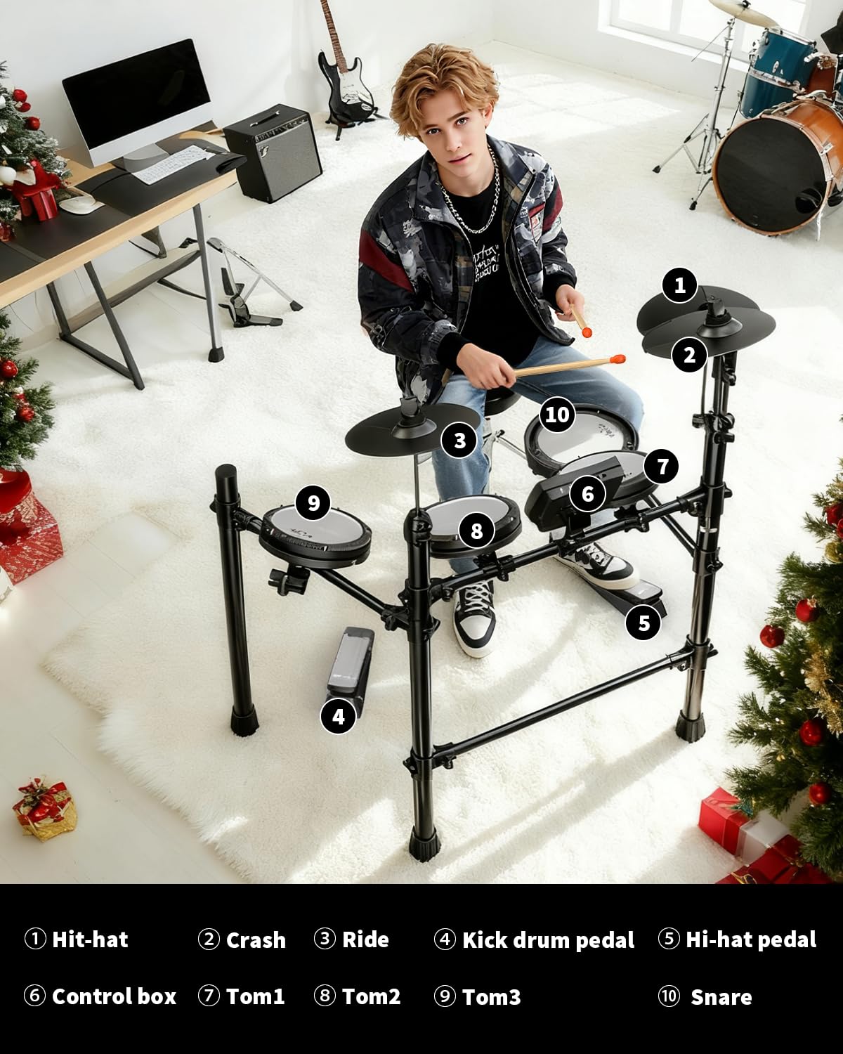 AiJoy Electric Drum Set for Beginners & Adults, Quiet Mesh Pads Digital Drum Kit, Dual-Zone Snare, 5 Drums 3 Cymbals, 195+ Sounds, USB MIDI, Includes Throne, Headphones & Sticks for Apartment Practice