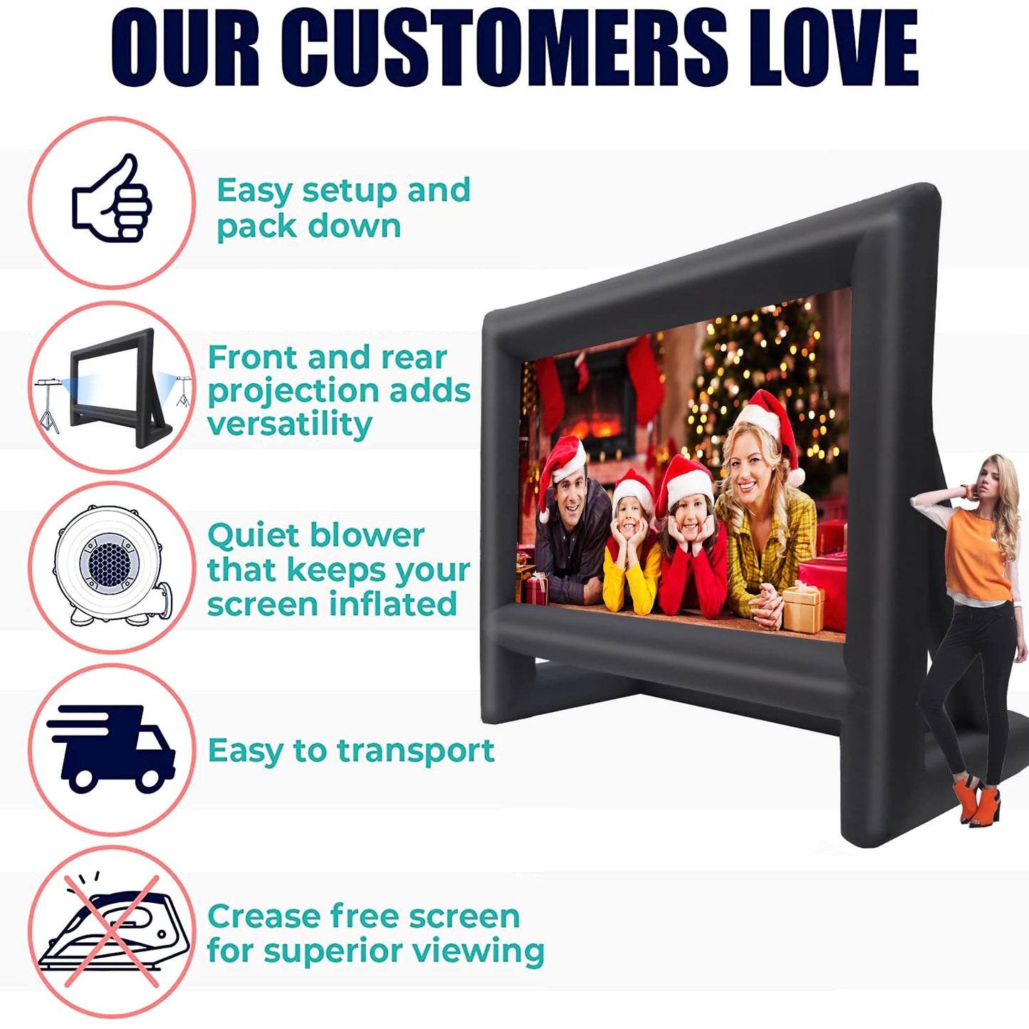 GYUEM 18 feet Inflatable Outdoor Projector Movie Screen - Package with Rope, Blower, Tent Stakes - Portable, Great for Outdoor and Indoor Party Watch Movies