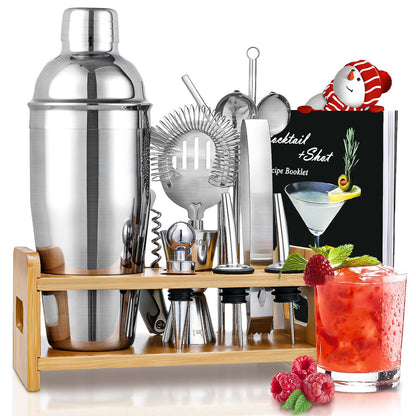 Cocktail Shaker Set Bartender Kit, Godmorn 15Pcs Bartender Shaker Set, 304 Stainless Steel Martini Shaker and Strainer, Bar Tool Set with Bamboo Stand, Recipe Book, for Home and Bar Party