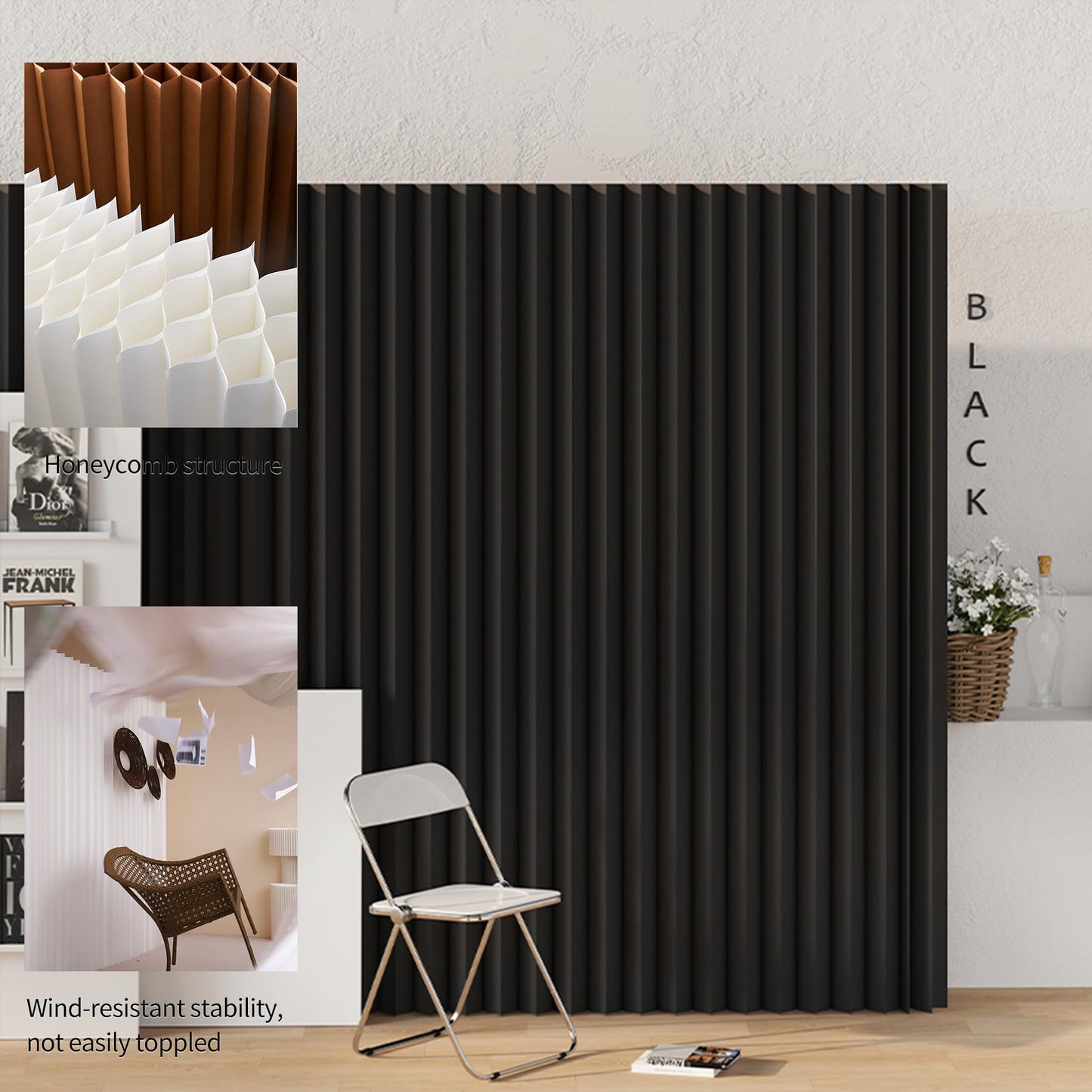 Paper Room Divider – Folding Privacy Screen & Portable Partition, Indoor Freestanding Wall for Home, Office, Clothing Store & Business Use(Black)