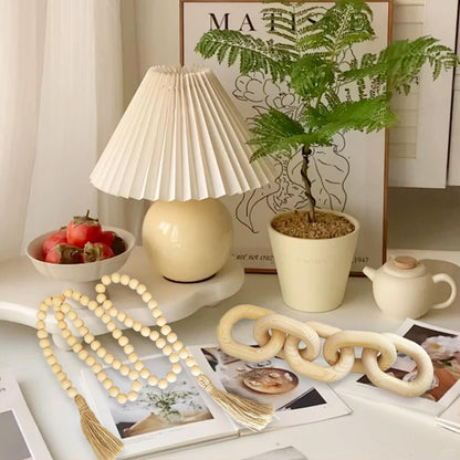 EMINGSKY 2 Pieces Decorative 5 Link Wooden Chain Decor and Bead Boho Farmhouse Rustic Home Table Decor Coffee Table Shelf Aesthetic Modern Bookshelf Table Wooden Decortion (Natural)
