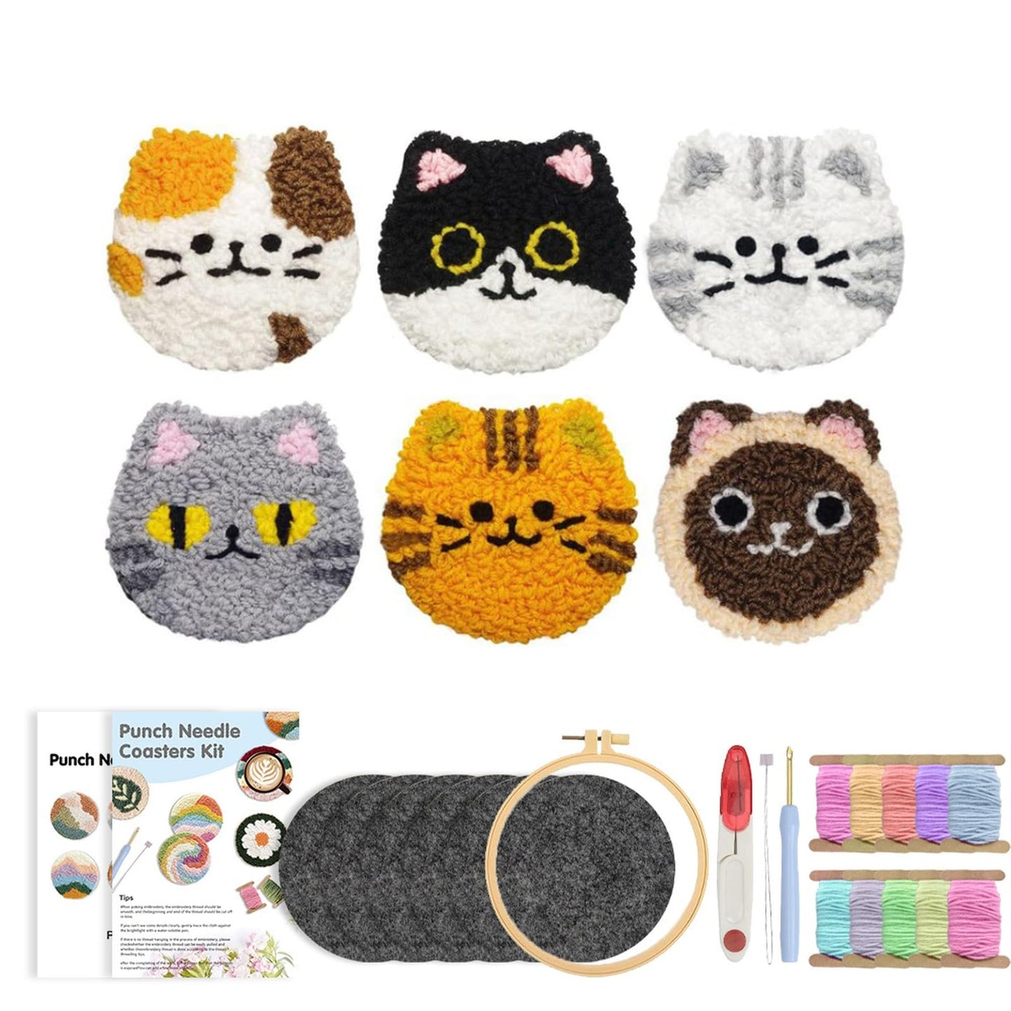HGUANGJ Punch Needle Coasters Kit, Easy Punch Needle Kit for Beginners Adults, Cat Coasters Kit with Adhesive Felt, Hoop, Yarn,Threader