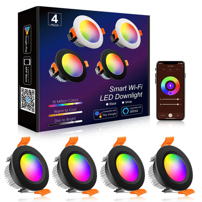 YGS-Tech Smart 3 Inch LED Recessed Lighting RGB WiFi Downlight, 5W Compatible with Alexa and Google Home, Dimmable RGB & CCT 2700-6500K Color Changing, 120V Ceiling Light with LED Driver (4 Pack)