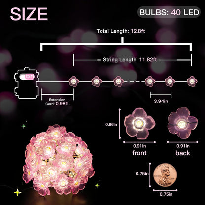 12.8 40 suddus Cherry Blossom Lights, ft LED Flower String Lights Battery Operated with Remote, Pink Fairy Light