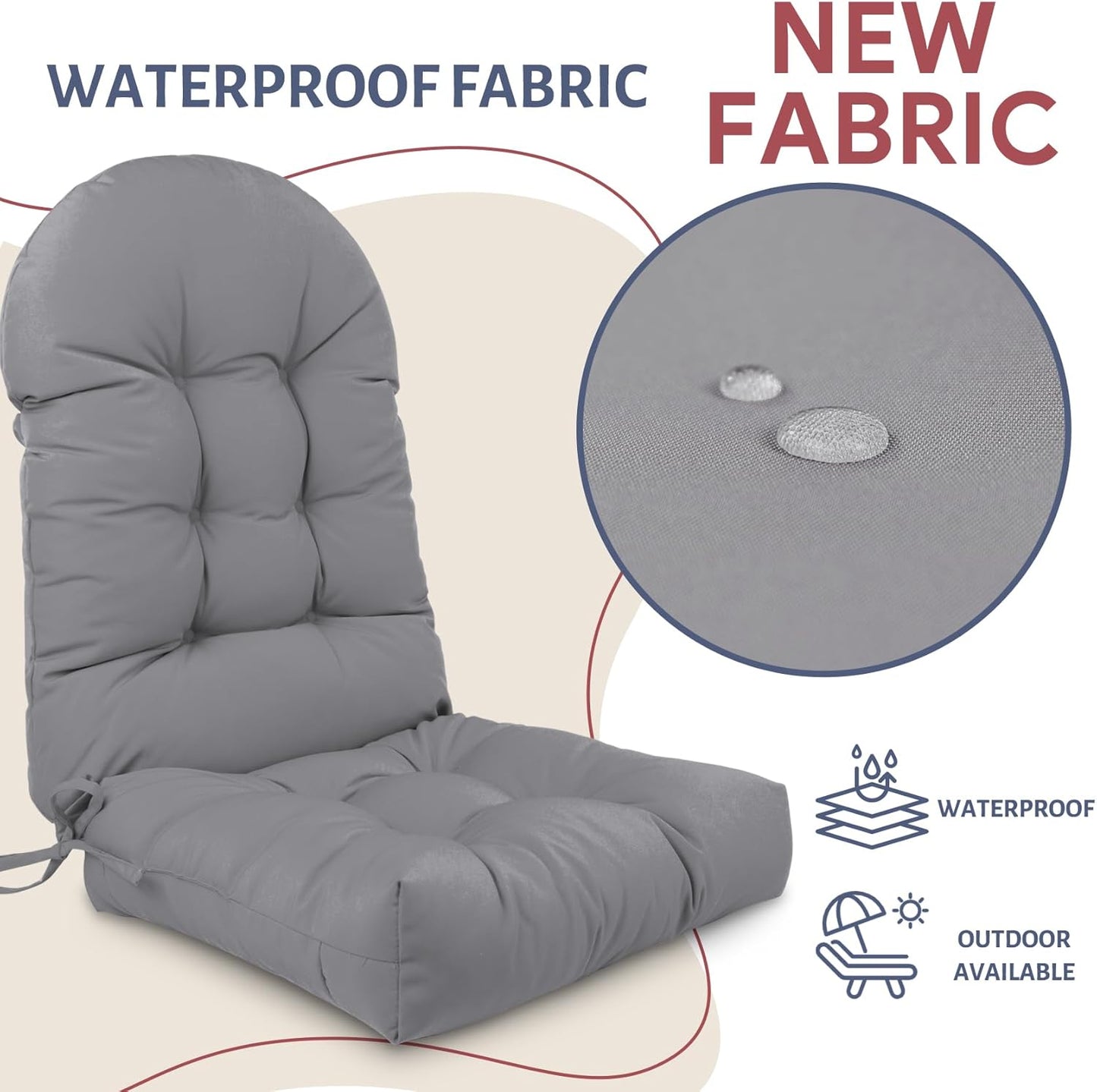 44x19x4in Adirondack Chair Cushion,Outdoor Waterproof Rocking Chair Cushion Gray Non-Slip High Back Patio Chair