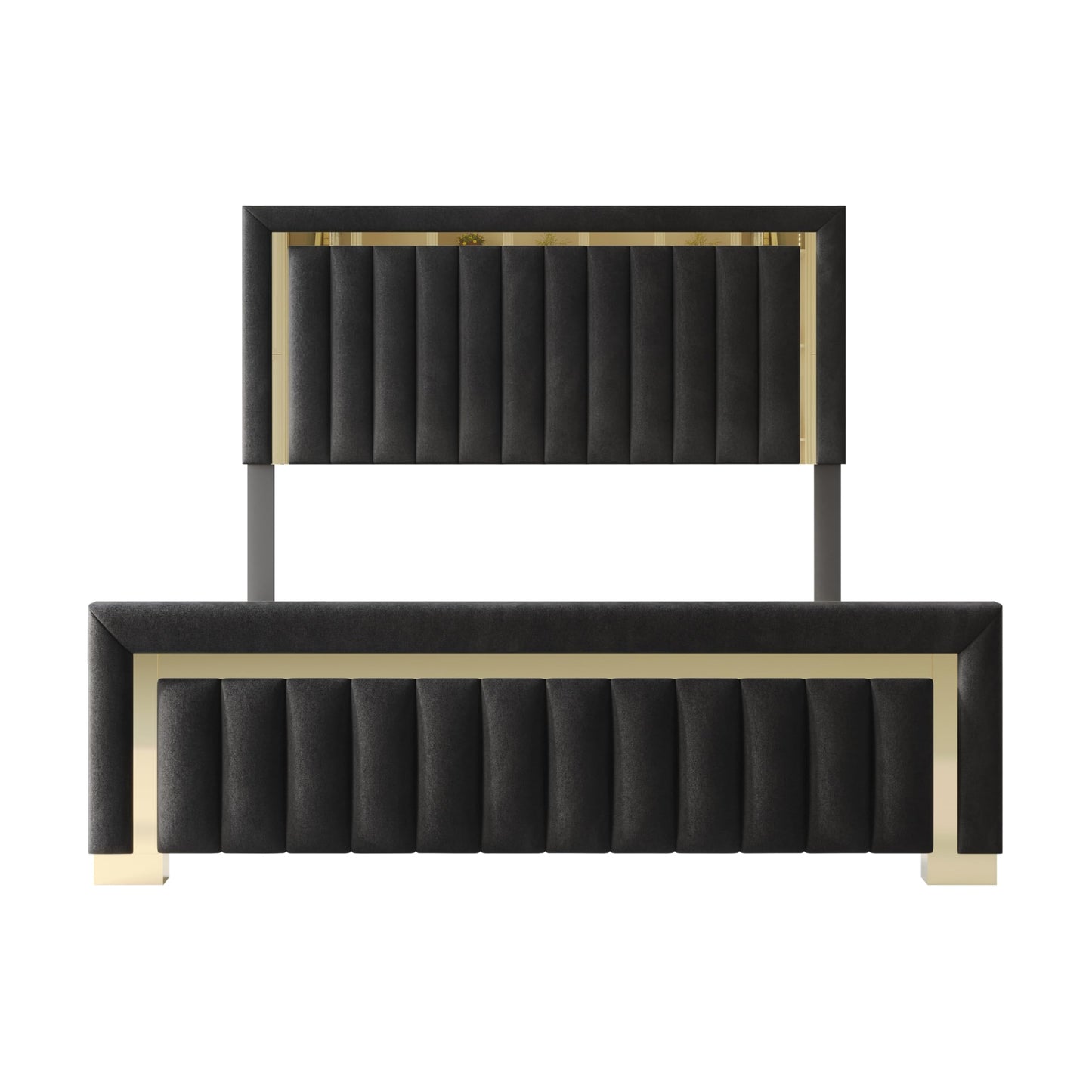 HOME DESIGN Olathe King Size Upholstered Panel Bed Frame, Vertical Channel Tufted Headboard with Gold Metal Accent, Velvet Fabric, Platform Design, Box Spring Required, Black