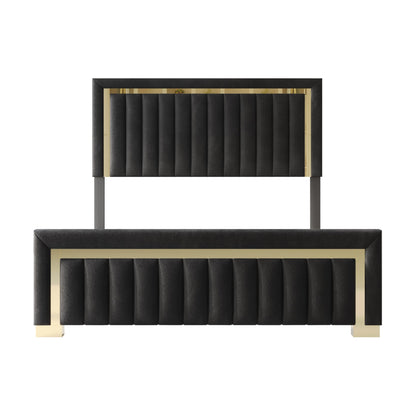 HOME DESIGN Olathe King Size Upholstered Panel Bed Frame, Vertical Channel Tufted Headboard with Gold Metal Accent, Velvet Fabric, Platform Design, Box Spring Required, Black
