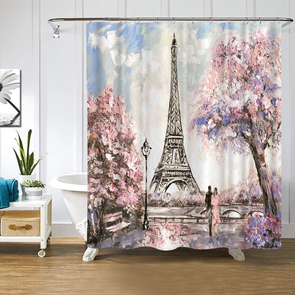 Paris Shower Curtain for Bathroom, Sakura Landscape Pink Romantic Waterproof Fabric 72x72 Inches with Hooks