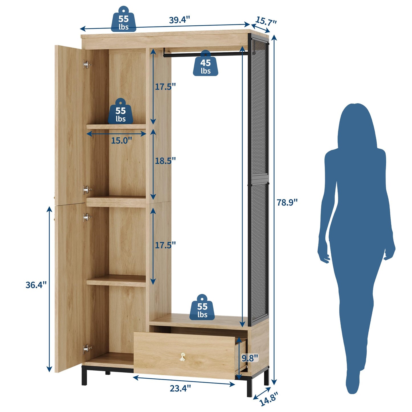 Modern Armoire Wardrobe Closet, Wood and Metal Frame Clothes Storage Organizer with Double Closed Doors, Open Hanging Rod, Bottom Drawer, Freestanding Bedroom Furniture for Small Spaces, Natural Oak