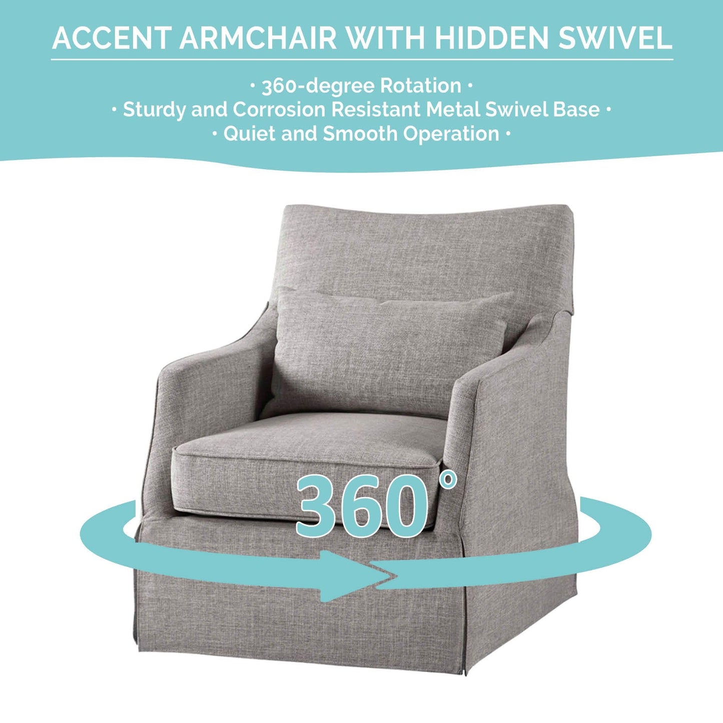 Martha Stewart London Swivel Chair - Solid Wood & Plywood, Skirted Metal Base Accent Armchair, Lumbar Pillow -Modern Classic Family Room Sofa Furniture Bedroom Lounge, 28"X31.5"X35.25", Grey