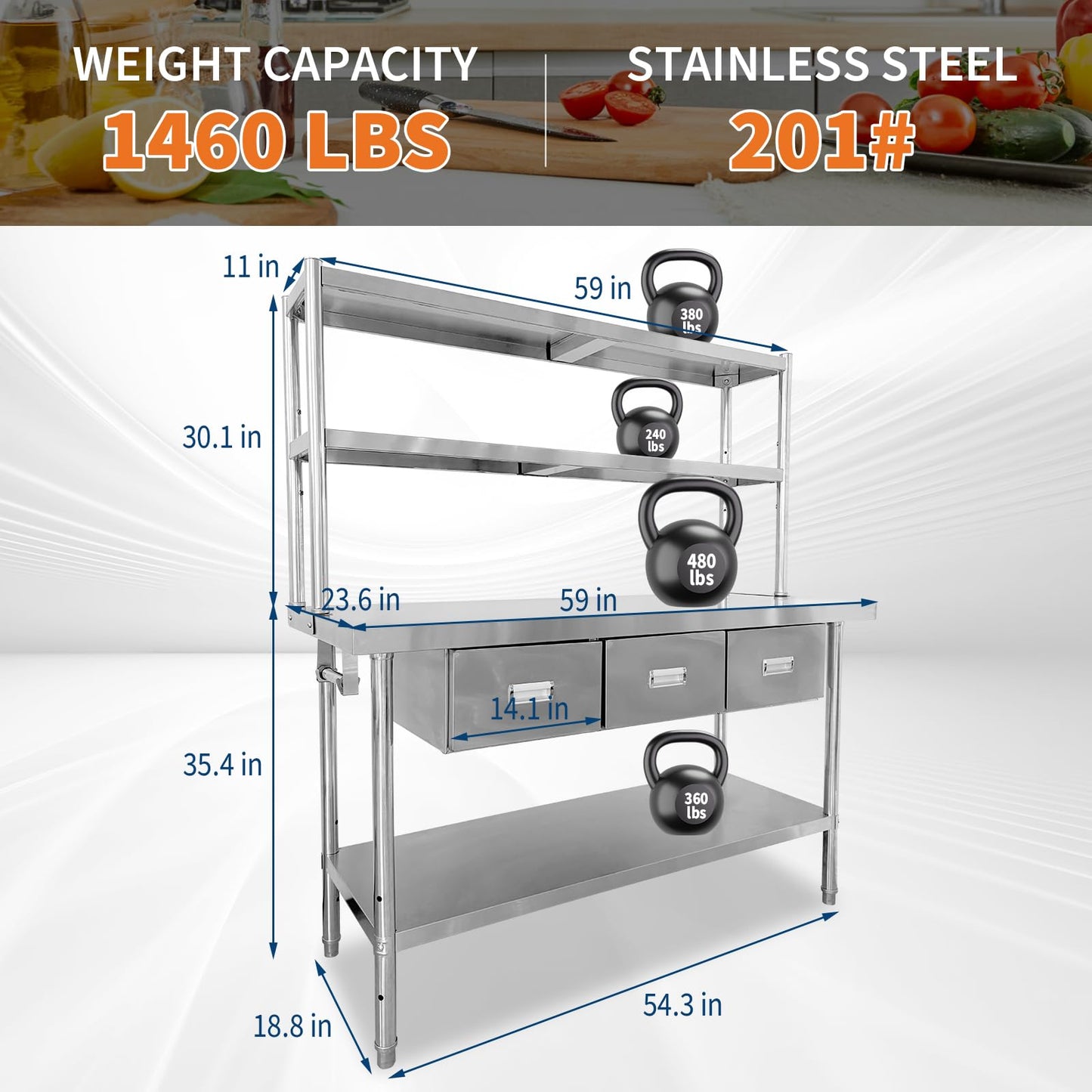 Garvee Stainless Steel Table with Drawers, 48" x 24" Commercial Work Tables with Undershelf, Metal Kitchen Prep Table for Home Restaurant Garage, Commercial Workbench