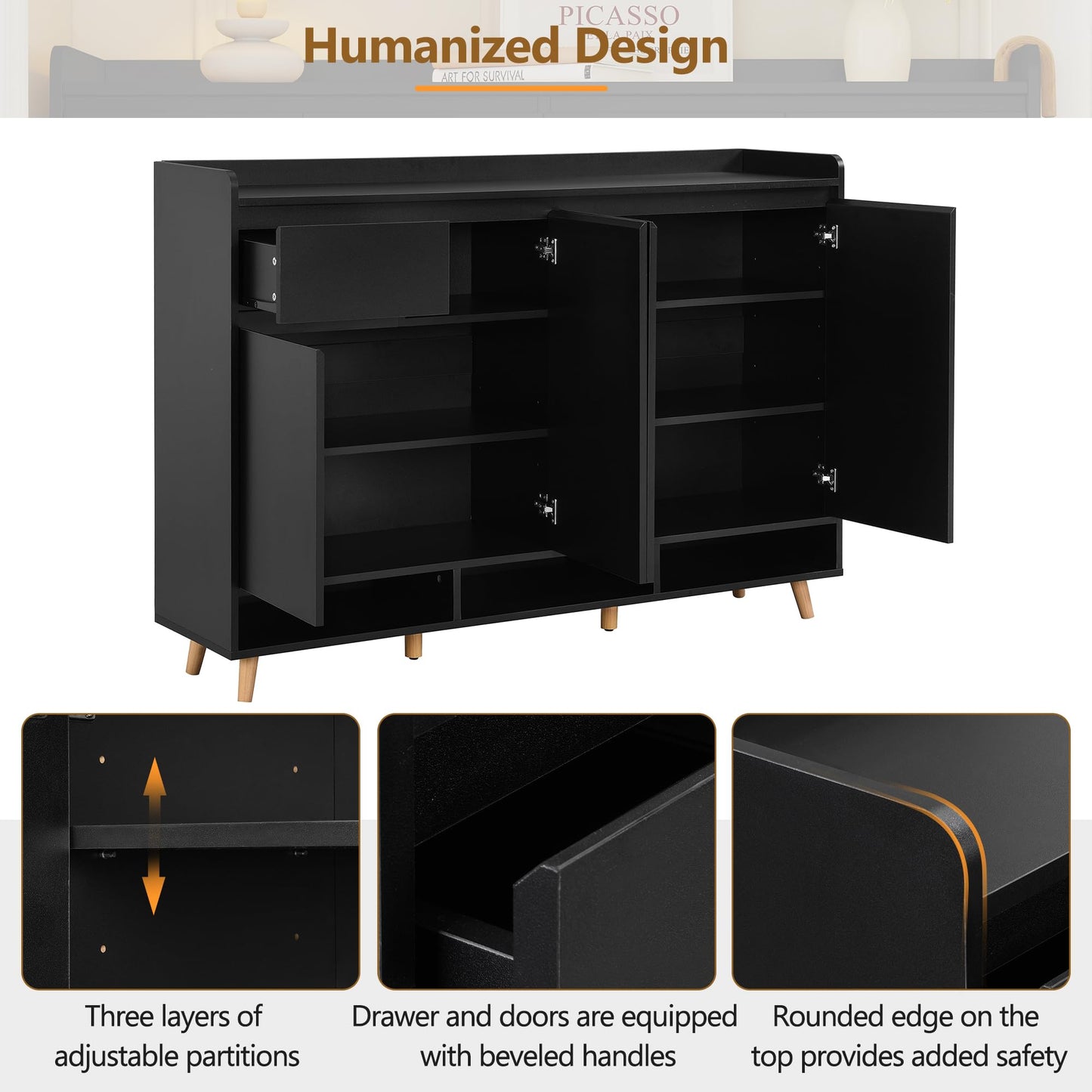 Ball & Cast 55" Modern Shoe Cabinet with Doors and Drawer, Freestanding Shoes Rack with Solid Wood Legs & Adjustable Shelf, Storage Sideboard for Entryway,Living Room,Hallway,Bedroom Black