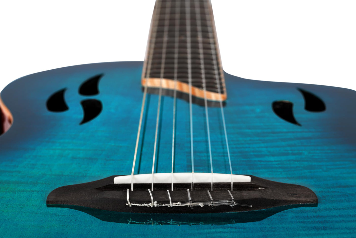 Ortega TourPlayer Deluxe Thinline Crossover Nylon-String Electric Guitar w/Pro gig bag, Flamed Maple Gloss Blue (RTPDLX-FMA)