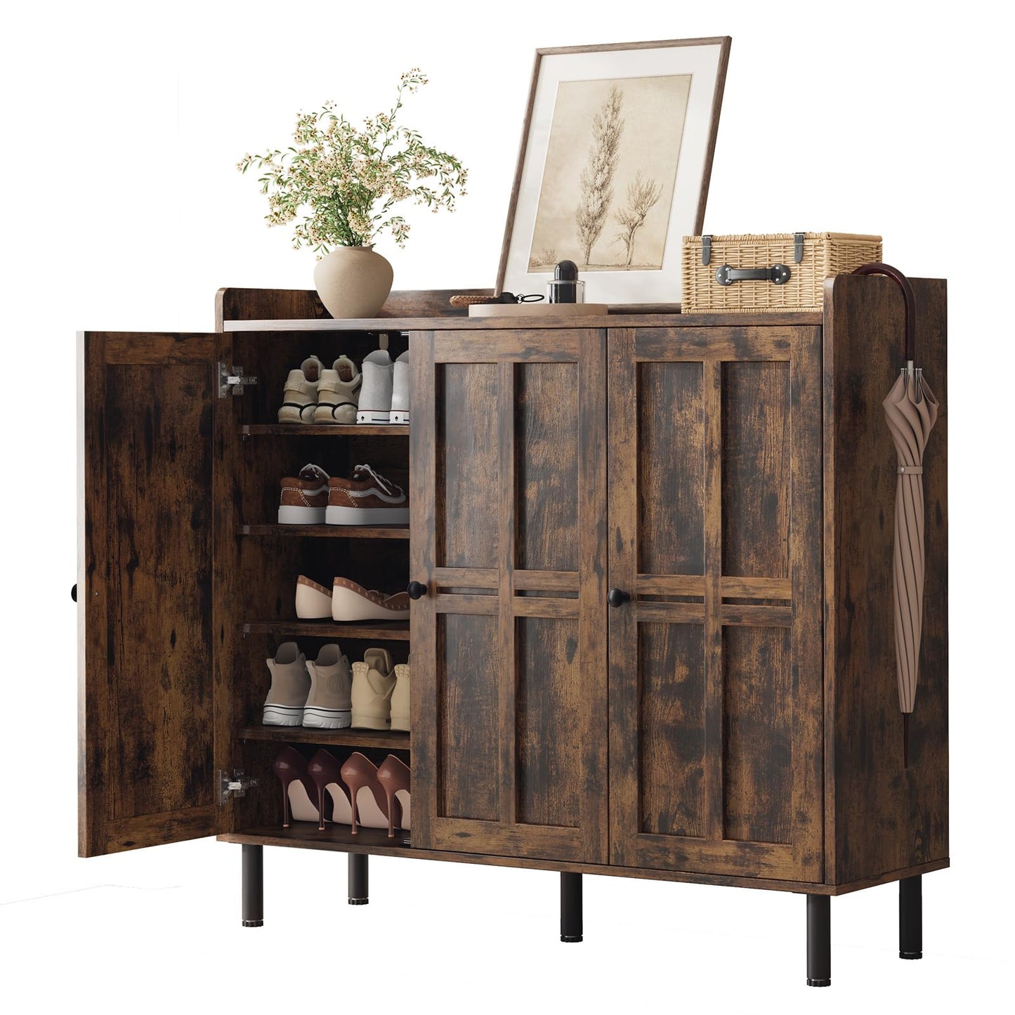 5+2 Tier Shoe Storage Cabinet with 3 Doors, 40" Tall Entryway Cabinet for 30 Pairs Shoe, Shoe Rack Organizer with 5 Adjustable Shelves & Metal Legs, Shoe Storage for Front Door Entrance, Rustic Brown