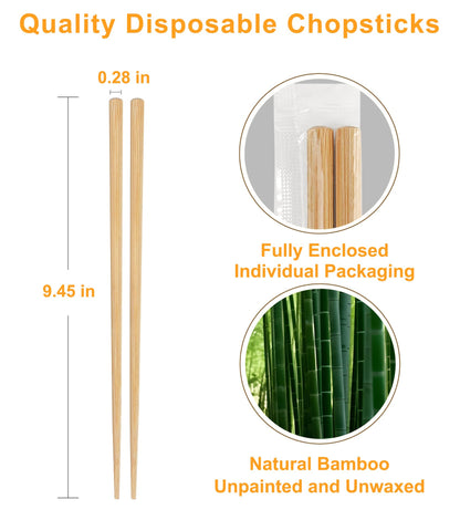 LOROTOCO 200Pairs Bamboo Chopsticks Disposable | Individually Wrapped | Bulk | Separated | Round | Premium Quality-（9.45in)