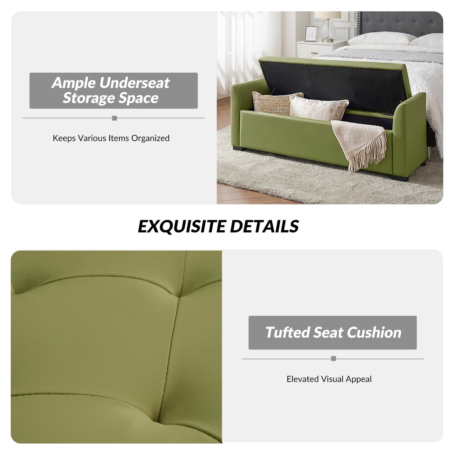 The support you need 58" Faux Leather End of Bed Storage Bench with Flared Arms & Tufted Seating, Large Elegant Transitional Upholstered Bedroom Benches, Flip Top Entryway Ottoman Footrest, Moss