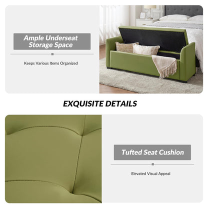 The support you need 58" Faux Leather End of Bed Storage Bench with Flared Arms & Tufted Seating, Large Elegant Transitional Upholstered Bedroom Benches, Flip Top Entryway Ottoman Footrest, Moss