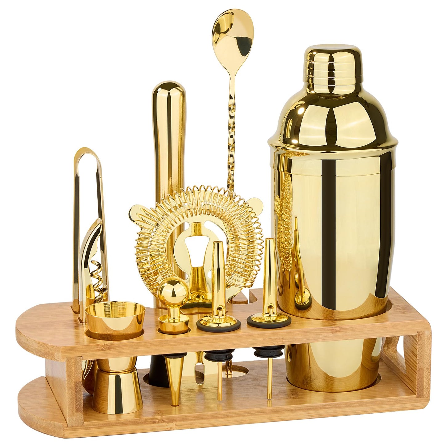 Cocktail Shaker Set Bartender Kit : 12-Piece Bar Tool Set with Bamboo Stand | Bars Set with All Practical Bar Accessories, for Drink Mixing, Bar, Home, Lounge & Party (Gold)