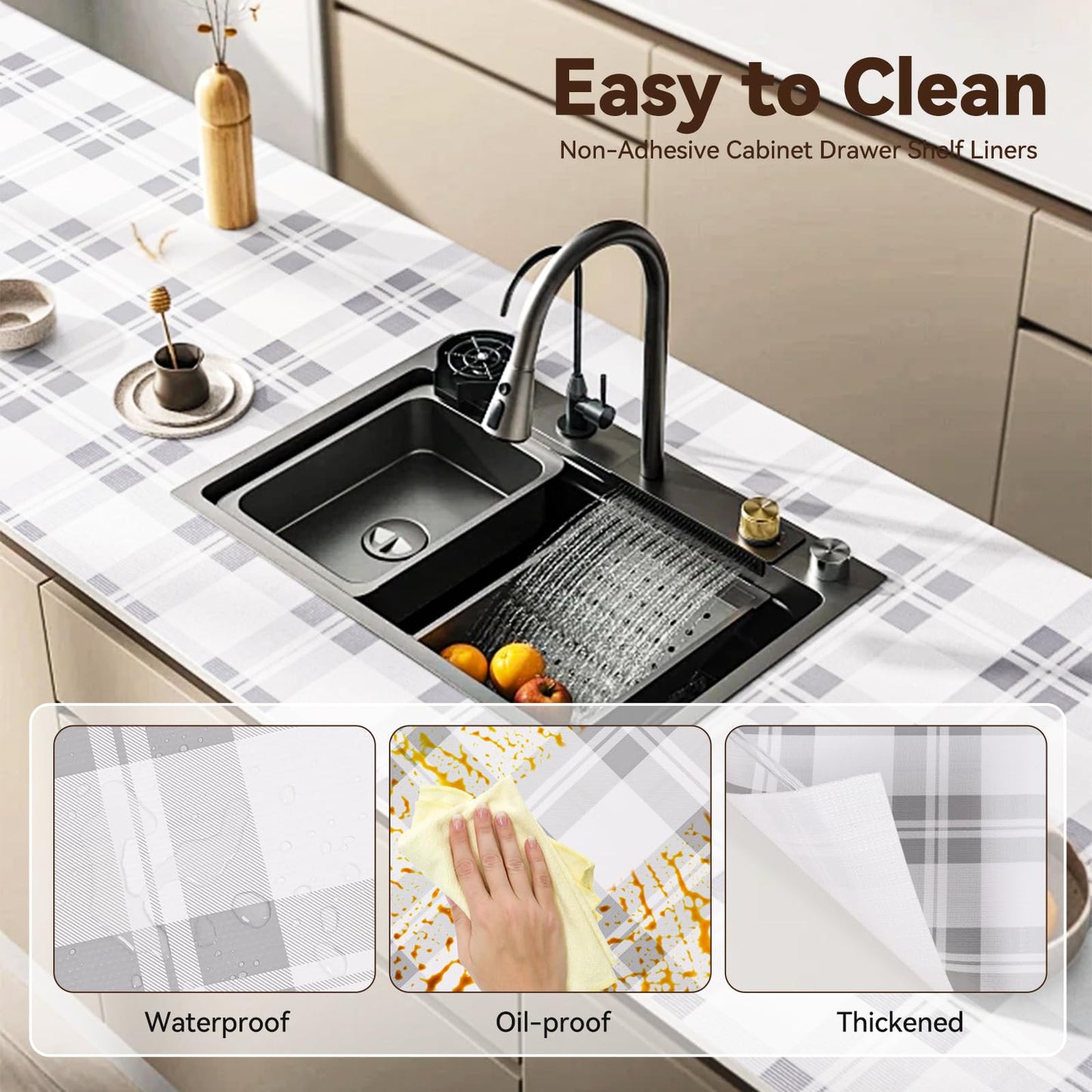 Drawer Shelf Liner for Kitchen Cabinets, Non Adhesive Slip Resistant Shelf Paper Easy to Clean, Strong Grip Thickened Waterproof Washable Mats for Pantry Shelves Cupboard Dresser (Grey, 17.5in x 30FT)