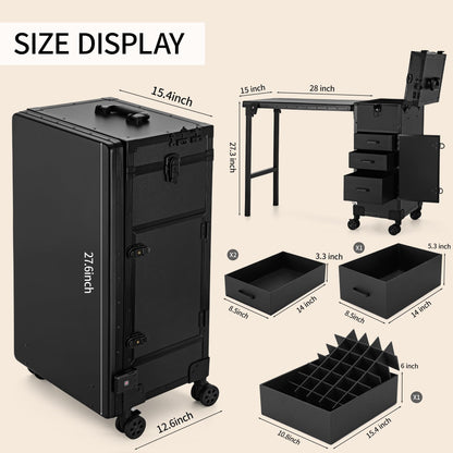 ZhenGuiRu Portable Manicure Table 3 Drawers, Rolling Lockable Makeup Train Case with Blueteeth Speaker and Nail Polish Organizer, Foldable Nail Desk with Mirror & TSA Lock for Nail Tech and Salon Use