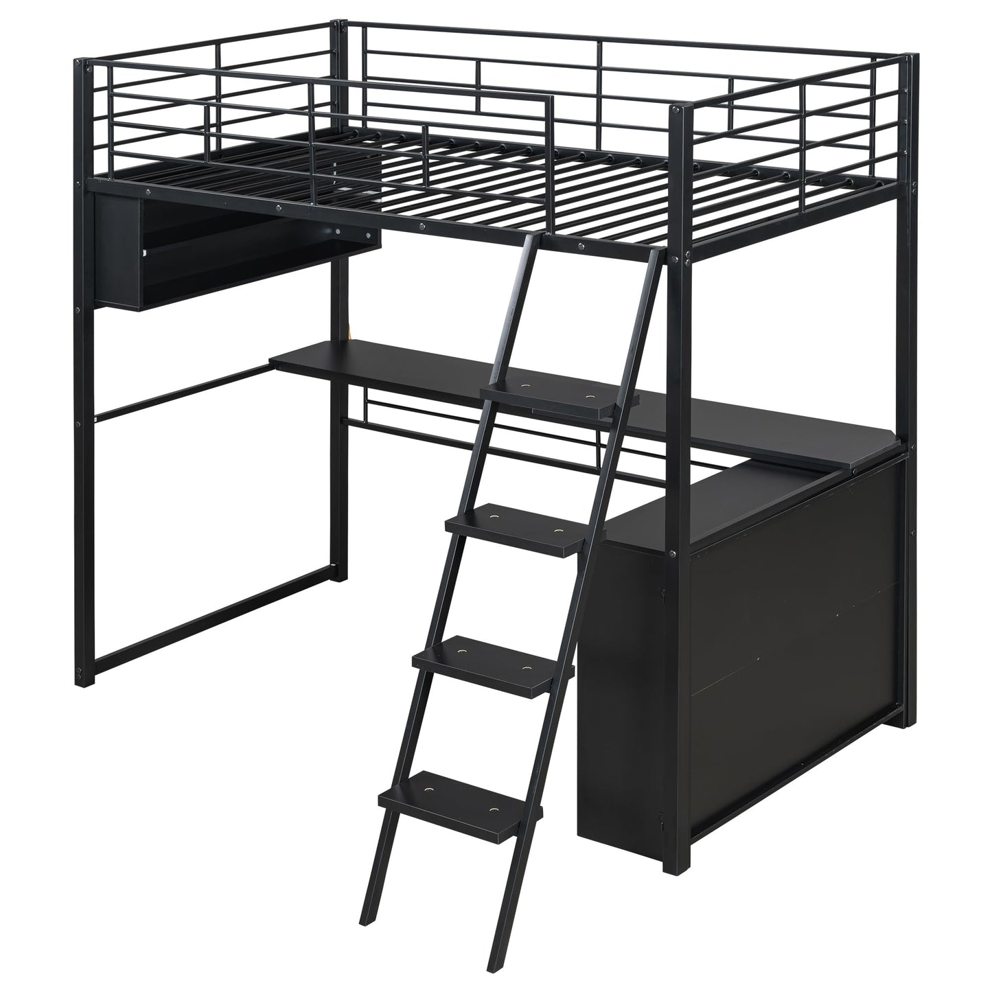 Metal Twin Size Loft Bed with Desk and LED Light,Heavy Duty Loft Bed Frame with Storage Shelves and Inclined Ladder for Kids,Adults,Twin Size,Black