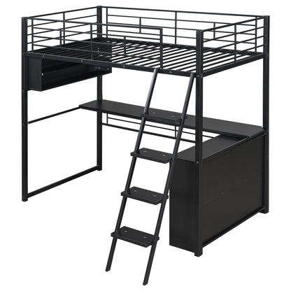 Metal Twin Size Loft Bed with Desk and LED Light,Heavy Duty Loft Bed Frame with Storage Shelves and Inclined Ladder for Kids,Adults,Twin Size,Black
