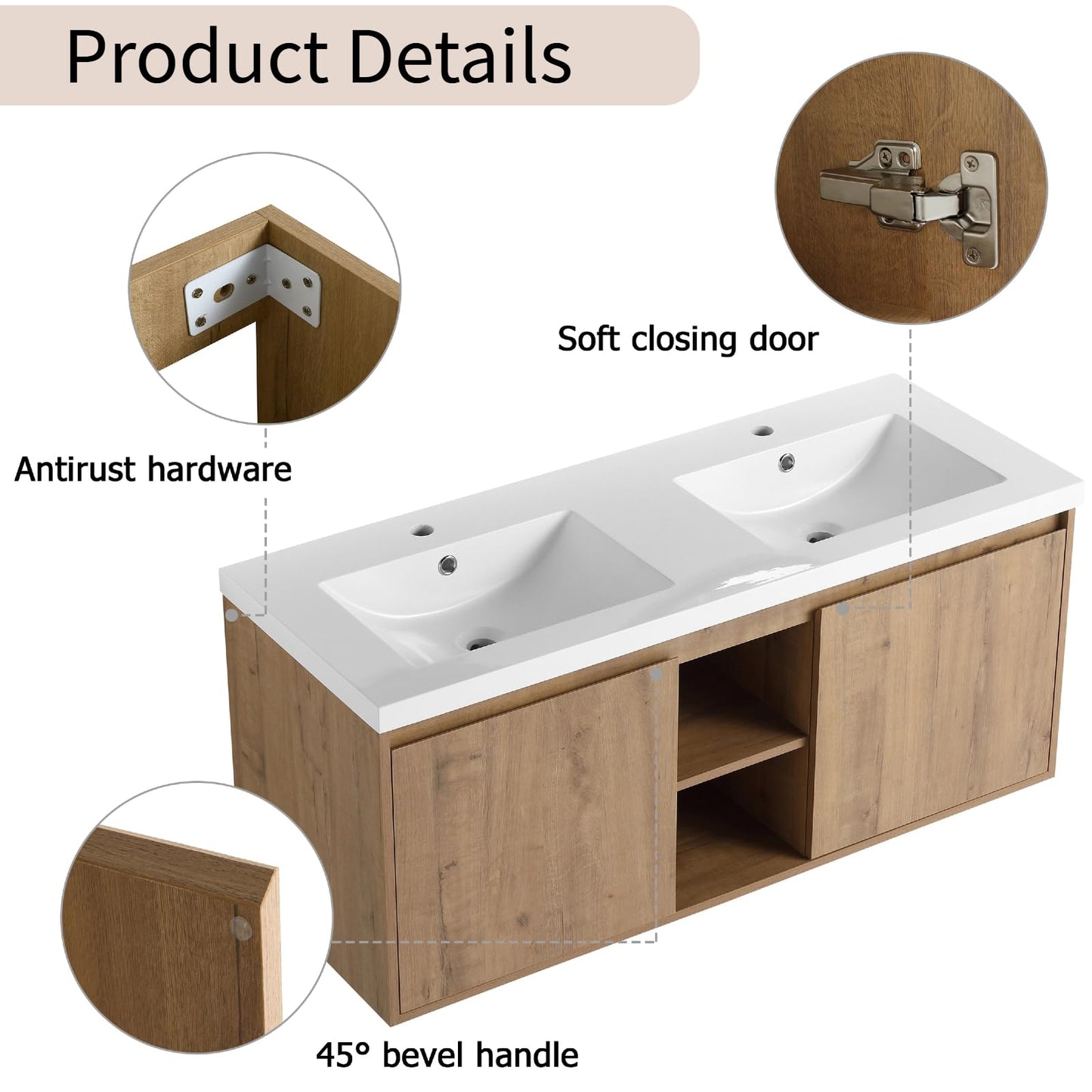 Trygoal Floating Bathroom Vanity, 48" Bathroom Storage Cabinet with Double Resin Sinks, 2 Soft-Close Doors & 2 Open Storage Shelves, Modern Wall-Mounted Vanity with 45° Bevel Handles, Oak