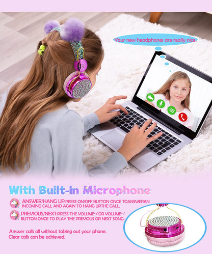 SVYHUOK Cat Ear Wireless Headphones for Kids with Mic, Bluetooth Over Ear Headset for School Cellphone Smartphones Laptop PC LED Light,Wired Headset for School Home (Violet Ball)