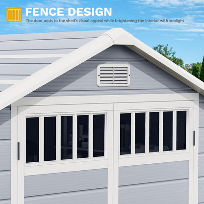 DWVO 6x4.4 FT Resin Storage Shed with Fence-Style and Side Windows, Lockable Door, and Vents for Garden, Backyard, Patio, Lawn, Gray