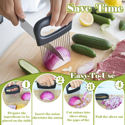 FANTEXY Onion Holder for Slicing - Onion Slicer and Meat Tenderizer Extra Large 16-Prong Stainless Steel, Vegetable Chopper for Potatoes, Tomatoes Slicer Assistant Tool for Lemons,Avocados,Carrot
