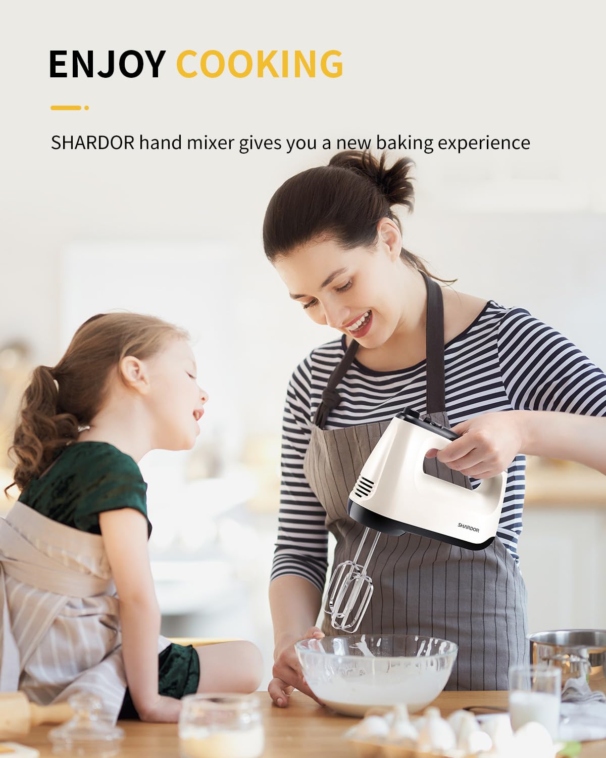 SHARDOR Hand Mixer Electric, 6 Speed & Turbo Mixer Electric Handheld, Snap-On Storage Case,5 Stainless Steel Accessories for Whipping, Mixing Cookies, Brownie, Cakes, Dough Batters, White