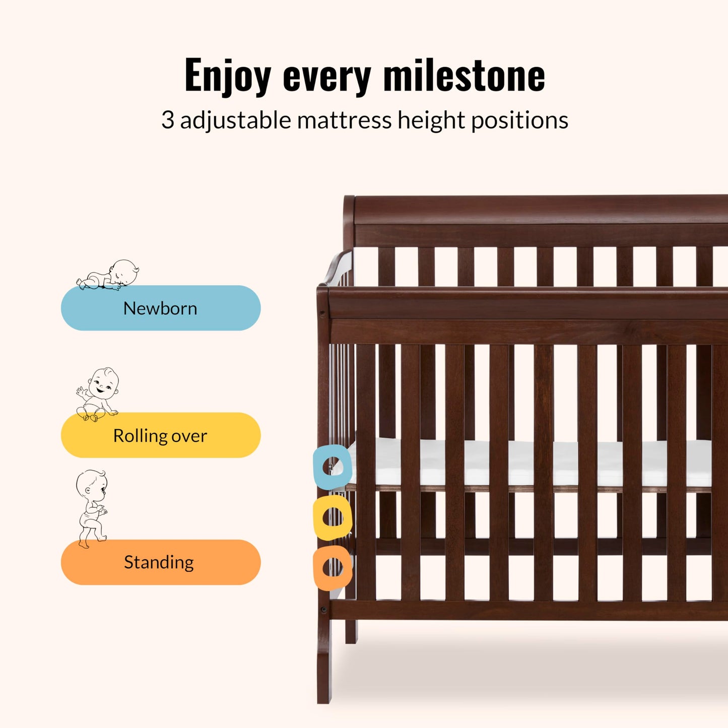 Dream On Me Jayden 4‑in‑1 Mini Convertible Baby Crib & Changer with Storage in Espresso, Pinewood, GreenGuard Gold & BSA, 1” Mattress Pad, 3 Mattress Heights, Converts to Mini Day & Twin-Size Bed