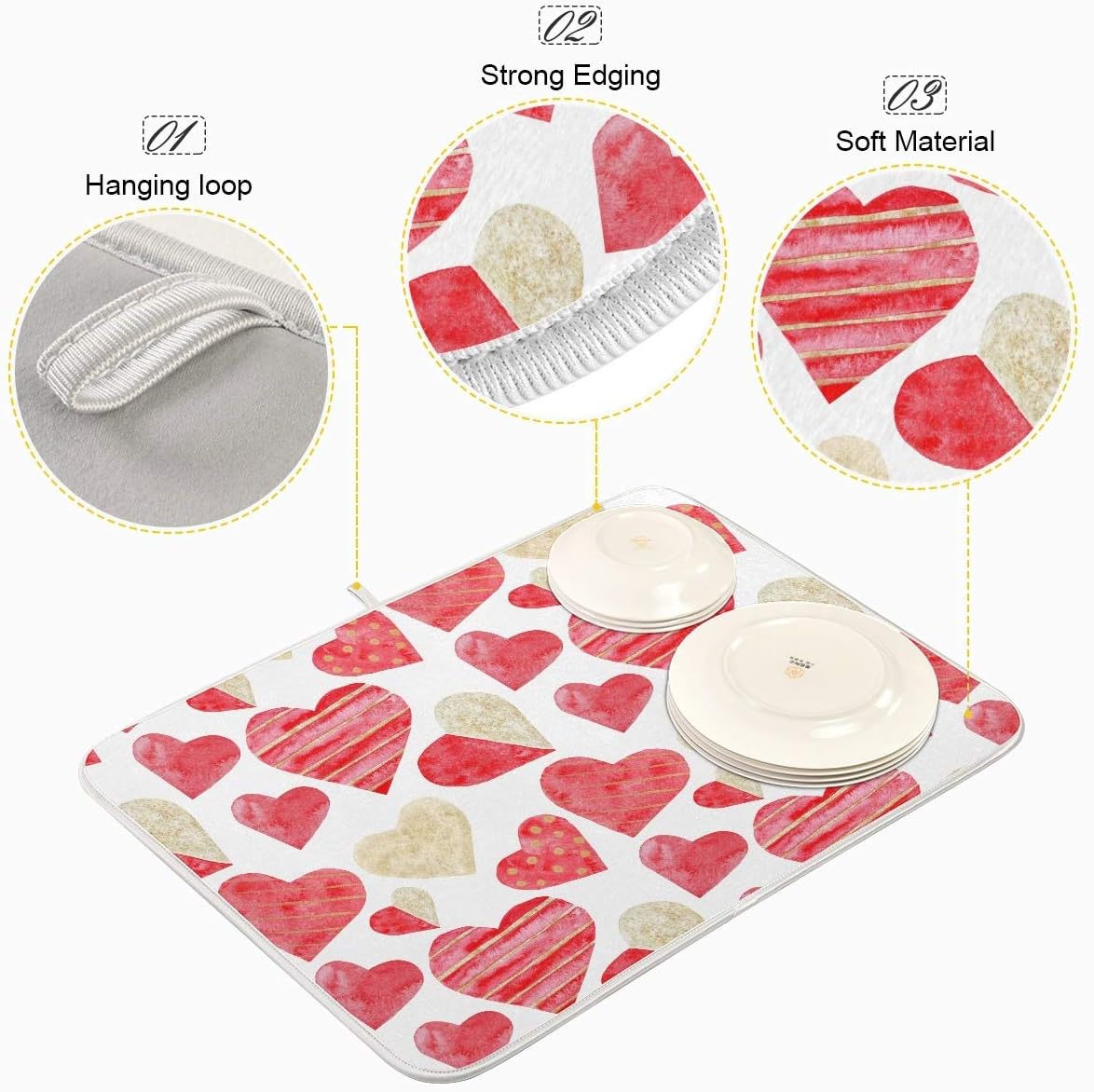 Red Gold Watercolor Hearts Love Dish Drying Mat 16x18 for Kitchen, Valentine's Day Love Flowers Dishes Pad Dish Drainer