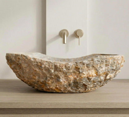 Golden Gray Marble Vessel Sink, Hand-Carved Canoe-Shaped Bathroom Sink in Solid Natural Marble, Beige with Gold & Gray Earth Tone Veins – Modern Rustic Countertop Sink