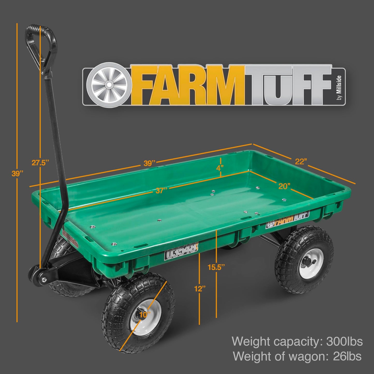 FARM-TUFF Durable Plastic Deck Green Garden Wagon, 38" x 20" - Heavy-Duty Poly Utility Cart with Flat-Free Tires, 300Lb Capacity & D-Handle Steering for Gardening, Yard Work & Landscaping