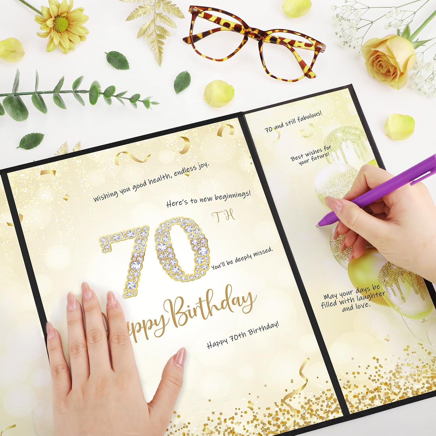 Thboxes Happy 70th Birthday Decorations for Men, Black Gold Signature Guest Book Alternative Cheers to 70 Years Birthday Gifts Creative Signing Card Board for 70th Party Supplies