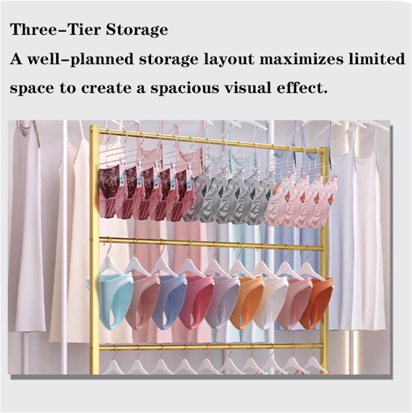 Lingerie Bra Rack with Wheels, Metal, 3 Tier Underwear Display Stand, Anti-Slip, Retail Showshelves, Commercial Clothing Store Shelf, for Shorts, Hats, Sock(Gold,80 * 40 * 130cm)